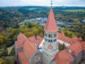 Aerial drone Shot of Abbey in Clervaux, Luxembourg in mystery evening twilight