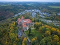 Aerial drone Shot of Abbey in Clervaux, Luxembourg in mystery evening twilight