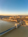 Aerial drone shot of Buda castle on Buda hill during Budapest sunrise morning glow Royalty Free Stock Photo