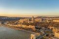 Aerial drone shot of Buda castle on Buda hill during Budapest sunrise morning glow