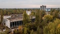 Aerial drone shot of the buildings at abandoned Pripyat ghost town Royalty Free Stock Photo
