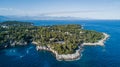 Aerial drone shot of cap d`Antibe in summer, near Nice, cote d`azur, South France Royalty Free Stock Photo