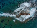 Aerial drone shot of cargo shipwreck in Paphos with waves Cyprus island storm Mediterranean sea Royalty Free Stock Photo
