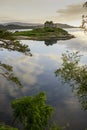 Aerial drone shot of Castle Tioram, it is a ruined castle that sits on the tidal island Eilean Tioram in Loch Moidart, Lochaber, Royalty Free Stock Photo