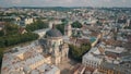 Aerial drone shot of city Lviv, Ukraine. Ancient Ukraine Dominican Church. Panorama of old town Royalty Free Stock Photo