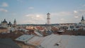 Aerial drone shot of european city Lviv, Ukraine. Flight above popular ancient part of old town Royalty Free Stock Photo