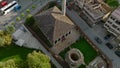 Aerial Drone Shot of Colorful or painted Mosque Sarena Dzamija in Tetovo, North Macedonia. Unique decorated mosque