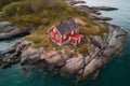 Aerial drone shot of crimson house seaside building. Generate ai