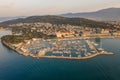 Aerial drone shot of Diocletian Palace by port riva in Split old town before sunrise in early morning in Croatia Royalty Free Stock Photo
