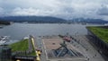 Aerial drone shot of downtown harbor in Vancouver, Canada