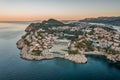 Aerial drone shot of Dubrovnik Lapad penisula hotel area before sunrise in Croatia morning