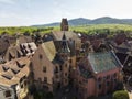 Aerial Drone Shot of Eguisheim village in the Alsace province, France. Picturesque village in a Sunny Summer Day