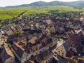 Aerial Drone Shot of Eguisheim village in the Alsace province, France. Picturesque village in a Sunny Summer Day