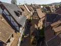 Aerial Drone Shot of Eguisheim village in the Alsace province, France. Picturesque village in a Sunny Summer Day