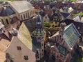 Aerial Drone Shot of Eguisheim village in the Alsace province, France. Picturesque village in a Sunny Summer Day