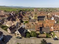 Aerial Drone Shot of Eguisheim village in the Alsace province, France. Picturesque village in a Sunny Summer Day