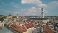 Aerial drone shot of european city Lviv, Ukraine. Rynok Square, Central Town Hall, Dominican Church Royalty Free Stock Photo