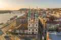 Aerial drone shot of facade of St. Anne Parish church during Budapest sunrise