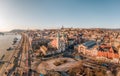 Aerial drone shot of facade of St. Anne Parish church during Budapest sunrise