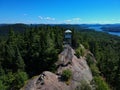 Aerial drone shot of firetower on the summit in the Adirondack Mountains Royalty Free Stock Photo