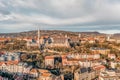 Aerial drone shot of Fisherman`s Bastion in Budapest morning sun glow in winter