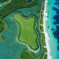 Aerial drone shot of a golf course at Cap Punta Dominican with spots of seaweed on the