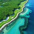 Aerial drone shot of a golf course at Cap Punta Dominican with spots of seaweed on the