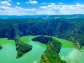 Aerial drone shot of the gorgeous canyon river Uvac in Sjenica, Serbia Royalty Free Stock Photo