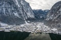 Aerial drone shot of Lahn village covered by snow by Hallstatt l Royalty Free Stock Photo