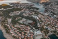 Aerial drone shot of Lapad Dubrovnik bridge with sunrise over peak in Croatia summer morning