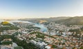 Aerial drone shot of Lapad Dubrovnik bridge with sunrise over peak in Croatia summer morning