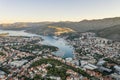 Aerial drone shot of Lapad Dubrovnik bridge with sunrise over peak in Croatia summer morning