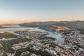 Aerial drone shot of Lapad Dubrovnik bridge with sunrise over peak in Croatia summer morning