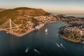 Aerial drone shot of Lapad Gruz peninsula area with Dubrovnik bridge cruise ship in Croatia summer sunset Royalty Free Stock Photo