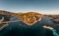 Aerial drone shot of Lapad Gruz peninsula area with Dubrovnik bridge cruise ship in Croatia summer sunset Royalty Free Stock Photo