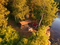 Aerial drone shot of lean to Campsite and campfire in the Adirondack Mountains