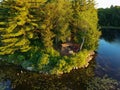 Aerial drone shot of lean to Campsite and campfire in the Adirondack Mountains Royalty Free Stock Photo