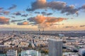 Aerial drone shot of Levallois Neuilly Paris with Eiffel Tower tour montparnasse, jardin d`acclimation from La Defense