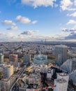 Aerial drone shot of Levallois Paris with Eiffel Tower Hyatt Regency, Louis Vitton fondation, jardin d`acclimation