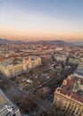 Aerial drone shot of liberty square with Parliament before Budapest sunrise