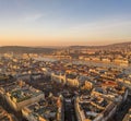 Aerial drone shot of liberty square with stock in Budapest sunrise