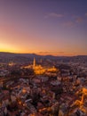 Aerial drone shot of lighted Matthias Churh Fisherman`s Bastion on Buda Hill in Budapest sunset time Royalty Free Stock Photo