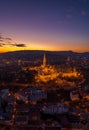 Aerial drone shot of lighted Matthias Churh Fisherman`s Bastion on Buda Hill in Budapest sunset time Royalty Free Stock Photo