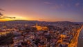 Aerial drone shot of lighted Matthias Churh Fisherman`s Bastion on Buda Hill in Budapest sunset time Royalty Free Stock Photo