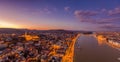 Aerial drone shot of lighted Matthias Churh Fisherman`s Bastion on Buda Hill in Budapest sunset time Royalty Free Stock Photo