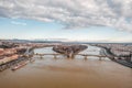 Aerial drone shot of Margret Bridge over Danube in Budapest winter morning Royalty Free Stock Photo