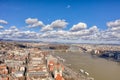 Aerial drone shot of Margret Bridge over Danube in Budapest winter noon with clouds Royalty Free Stock Photo