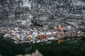 Aerial drone shot of market place outside village church near ferry dock in Hallstatt in Austria in winter Royalty Free Stock Photo