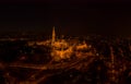 Aerial drone shot of Matthias Church on Buda hill on Fisherman Bastion in Budapest night Royalty Free Stock Photo