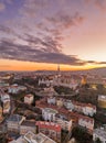 Aerial drone shot of Matthias Church Fisherman`s Bastion on Buda Hill in Budapest sunset time